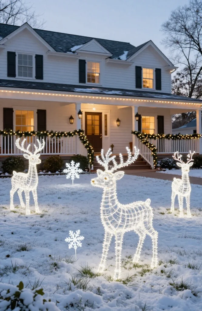 Outdoor Christmas yard with glowing lighted stakes and illuminated silhouettes creating festive holiday display