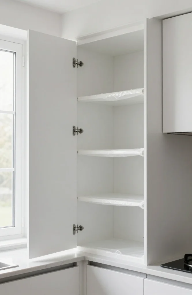 Cabinet interior lined with decorative contact paper for kitchen refresh without replacing cabinets