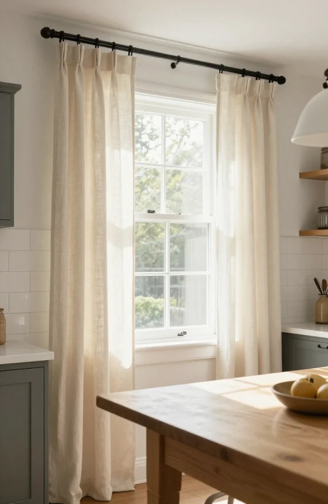 Natural linen curtain panels hung on a kitchen window, showcasing soft fabric texture and neutral color for window treatment