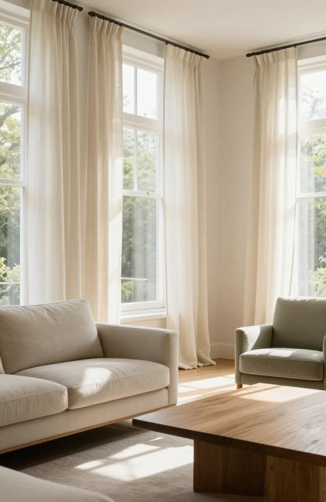 Linen curtains hanging on living room window with soft natural texture and relaxed draping