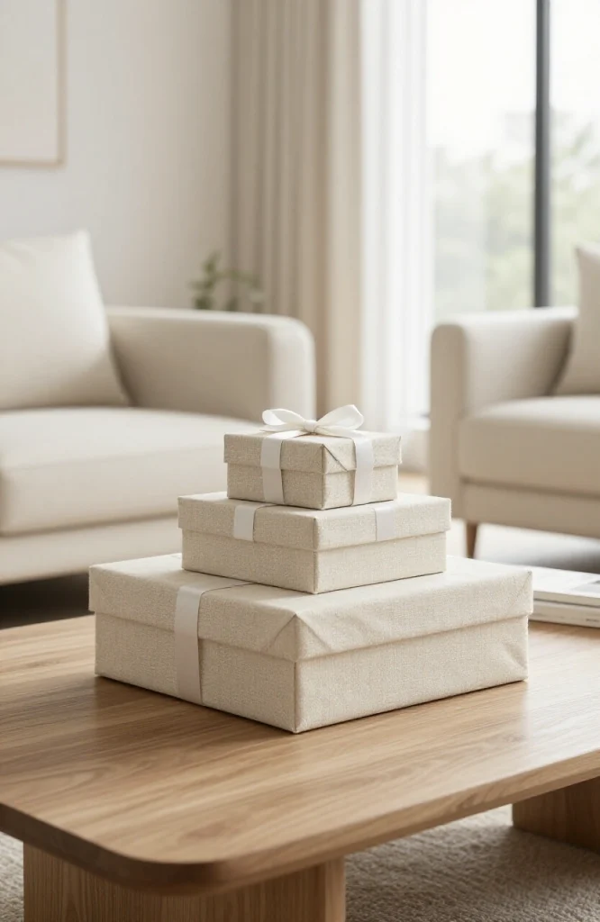 Minimalist coffee table decorated with stacked linen-wrapped gift boxes forming a tower arrangement for Christmas