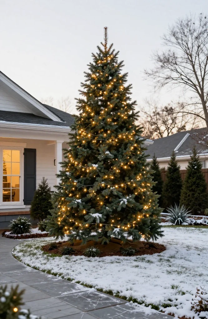 Brightly illuminated outdoor Christmas tree decorated with colorful lights in residential yard during holiday season