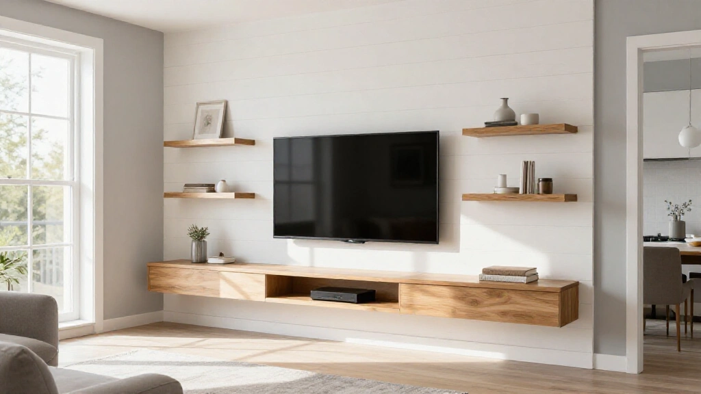 Modern living room TV wall featuring textured accent wall treatment with mounted television and floating shelves