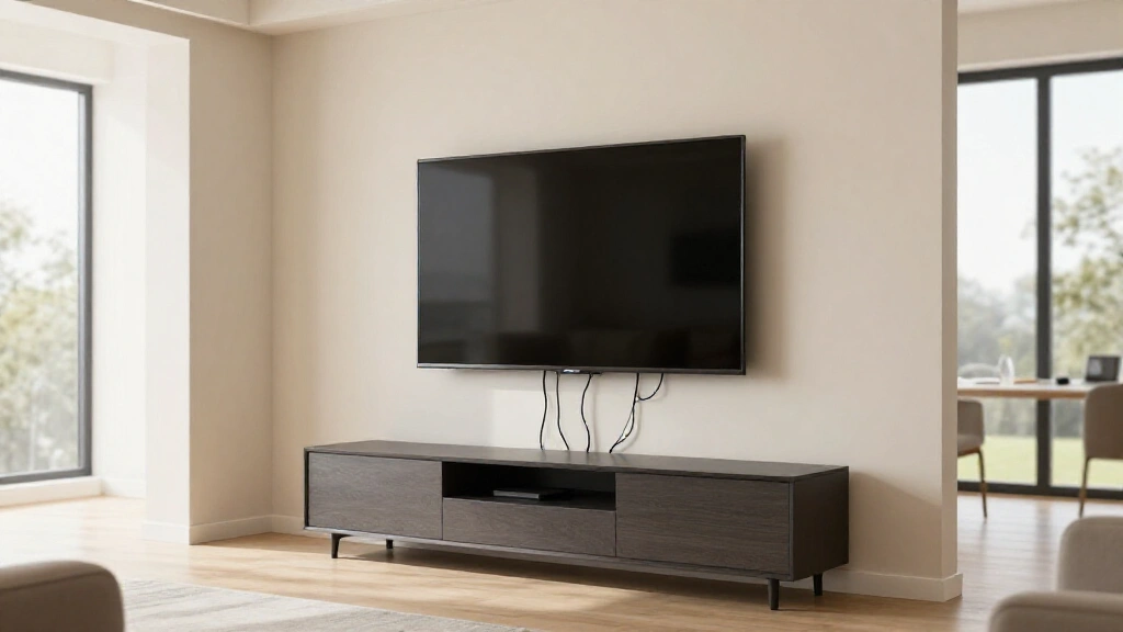 Organized cables and wiring routed behind mounted TV on living room wall