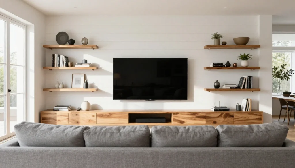Modern living room TV wall with mounted flat screen, floating shelves, and neutral wall paneling