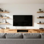 Modern living room TV wall with mounted flat screen, floating shelves, and neutral wall paneling