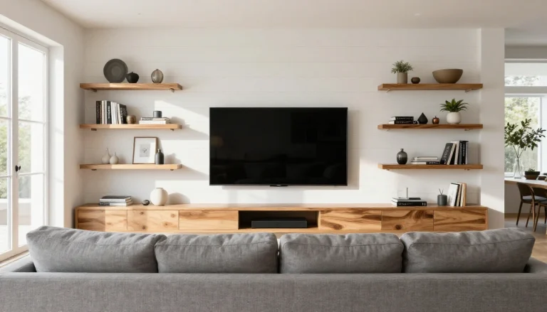 Modern living room TV wall with mounted flat screen, floating shelves, and neutral wall paneling