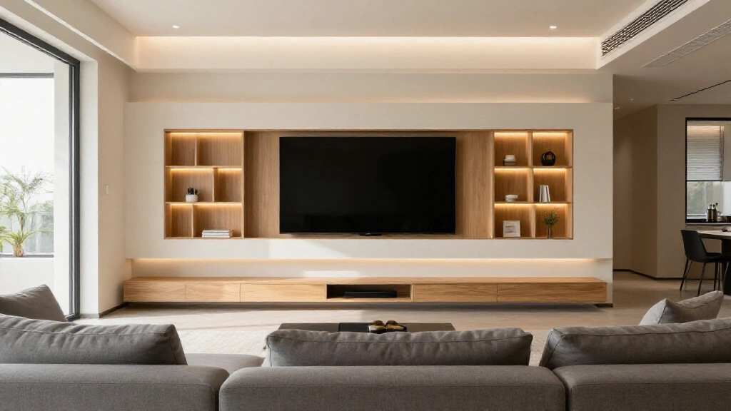 Modern living room TV wall with ambient LED strip lighting behind television and warm accent lights on either side