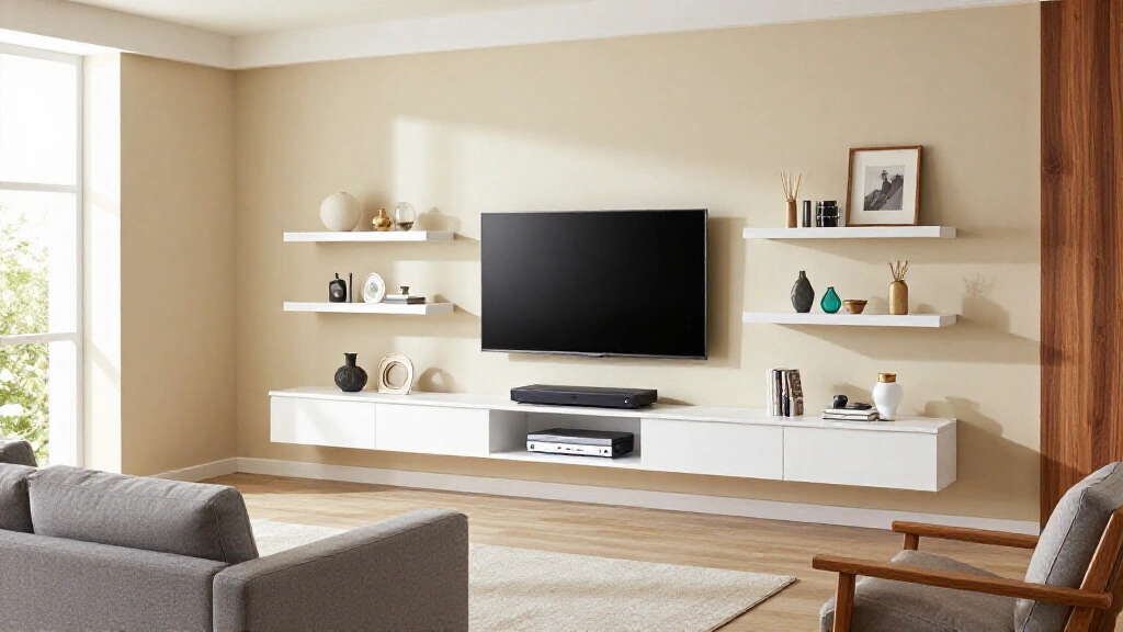 Modern living room TV wall with built-in shelving units and storage cabinets flanking a mounted television