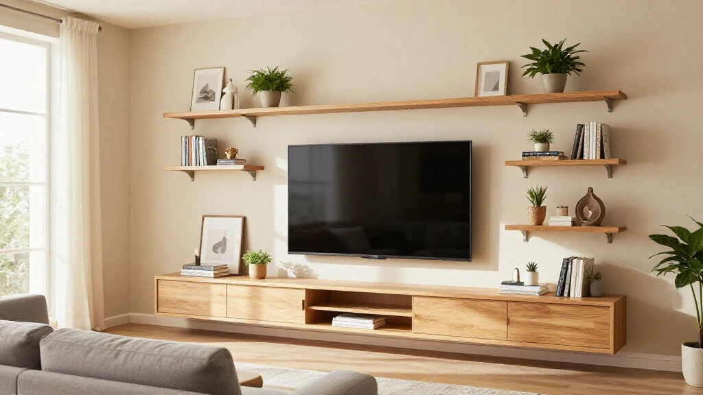 Modern living room with styled TV wall featuring floating shelves, decorative items, and neutral color scheme