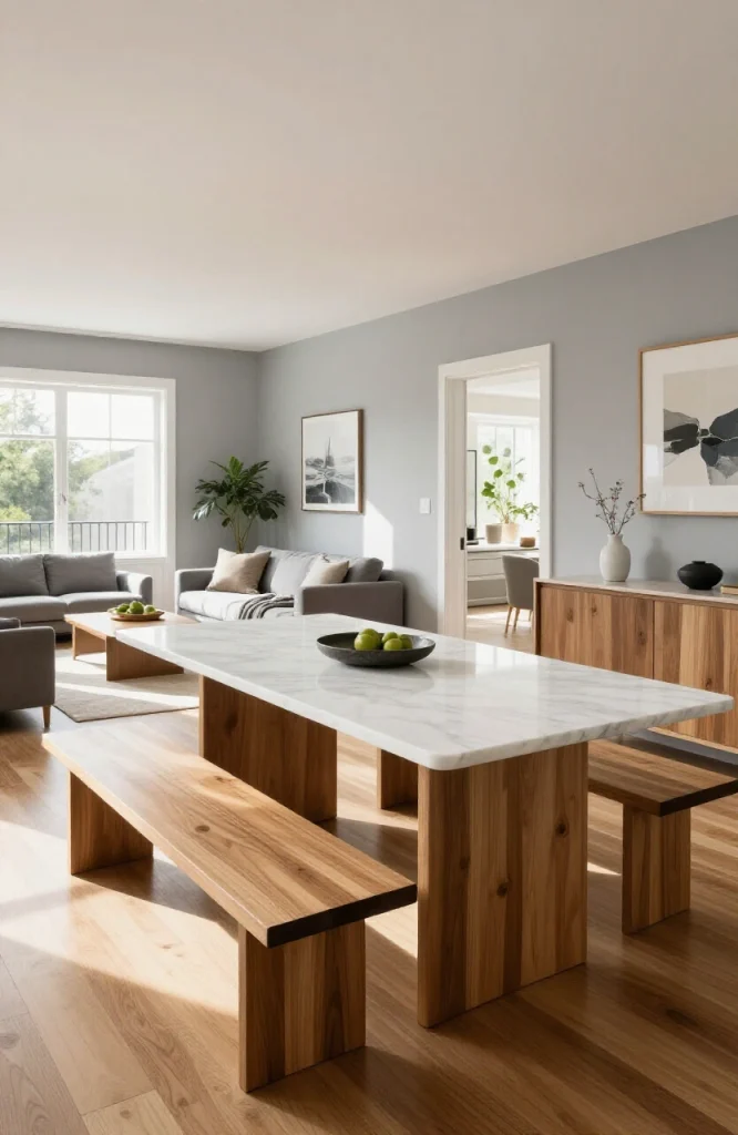 Modern dining area with long wooden bench on one side of table and chairs opposite in open floor plan space