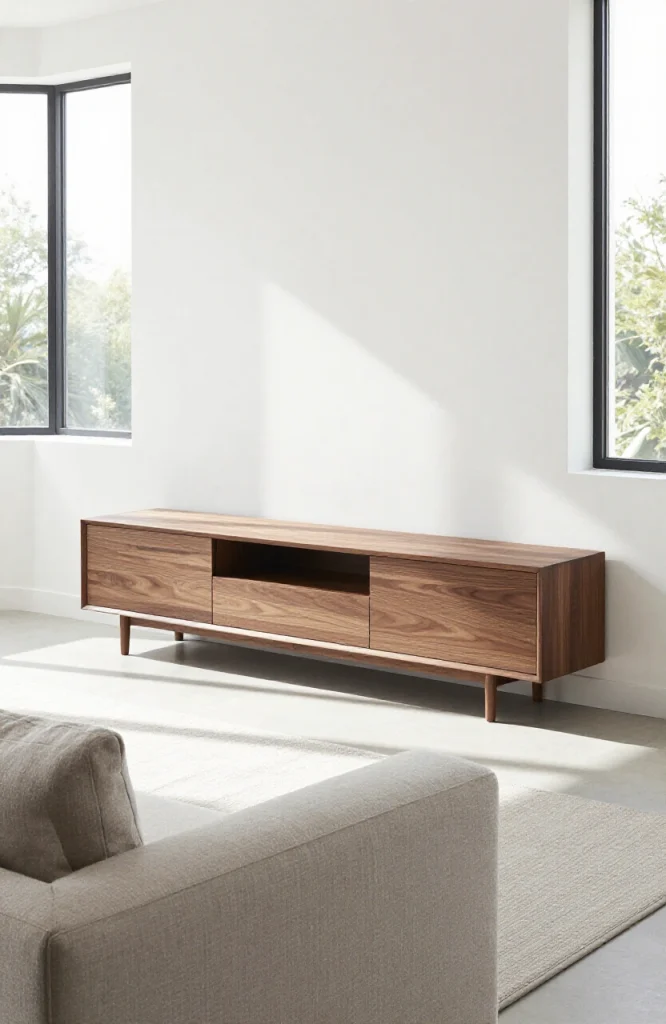 Modern living room with long low media console underneath wall mounted TV in open floor plan space