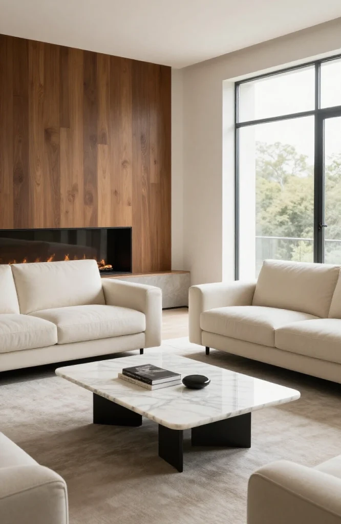 Two matching loveseats arranged symmetrically in a living room facing each other