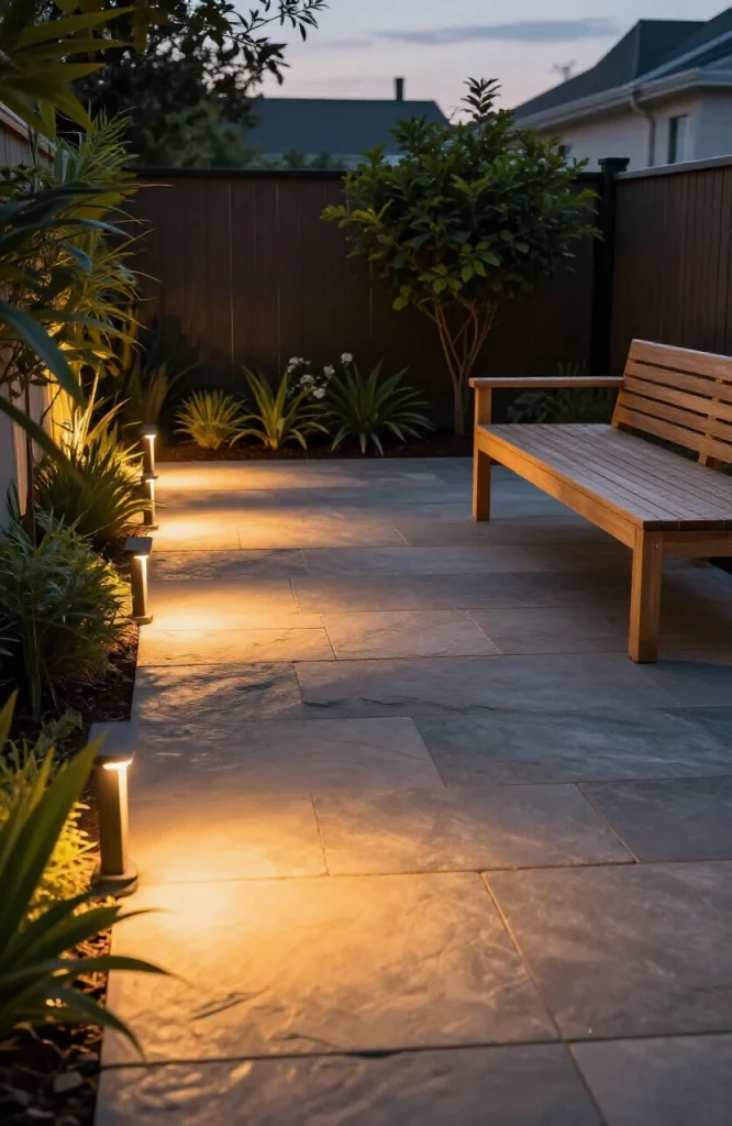 Low-glare garden lighting fixture installed in landscaped outdoor area at dusk