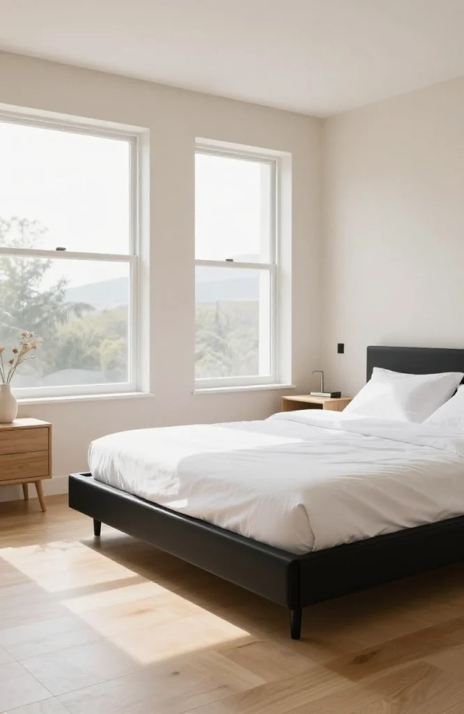 Low platform bed with minimalist frame in modern bedroom featuring neutral bedding and contemporary decor