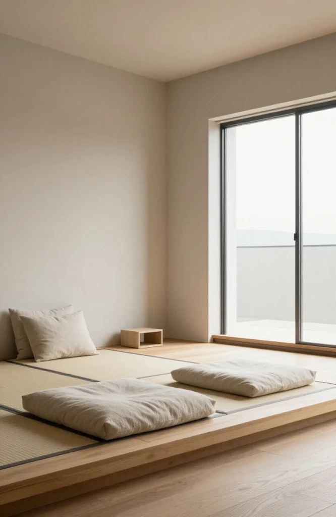 Modern living room with low platform seating arrangement featuring minimalist Japanese inspired design elements and neutral t