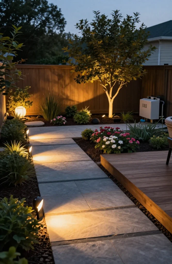 Low-voltage landscape lighting illuminating garden plants and pathways at dusk