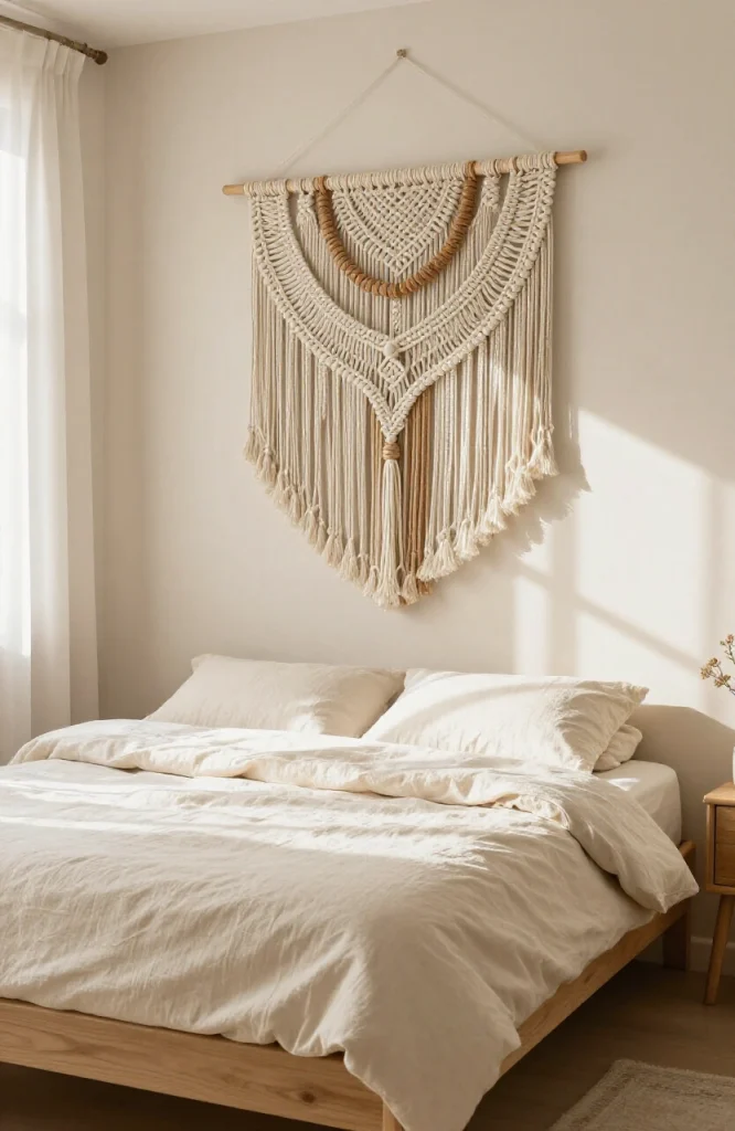 Intricate macramé wall hanging with knotted rope creating geometric patterns on white wall