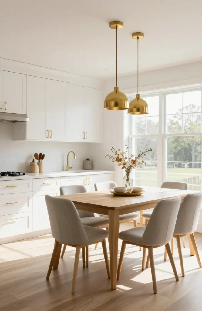 Open floor plan kitchen and dining area with coordinated cabinet and furniture hardware creating visual continuity