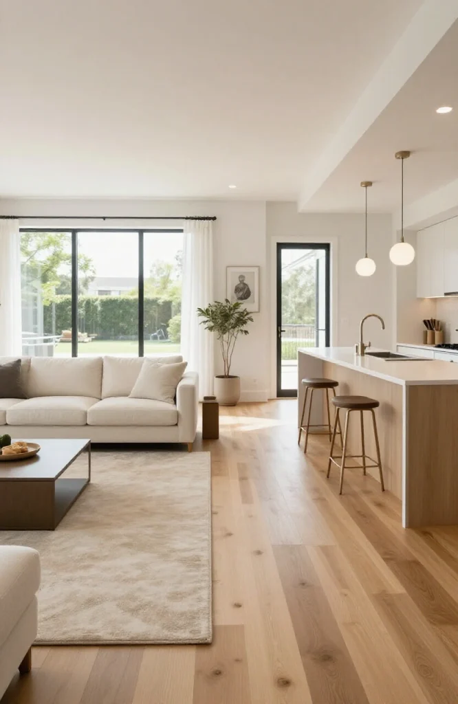 Open floor plan with matching hardwood flooring flowing from kitchen into living room seating area