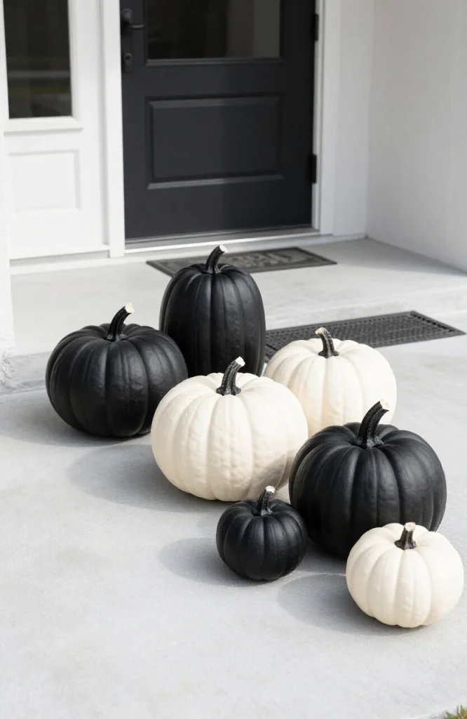 Matte black and white pumpkins arranged on a doorstep for minimalist Halloween decoration