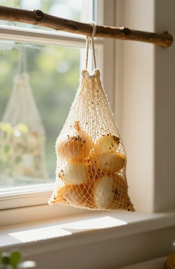 Mesh onion bag filled with suet hanging from tree branch as homemade bird feeder