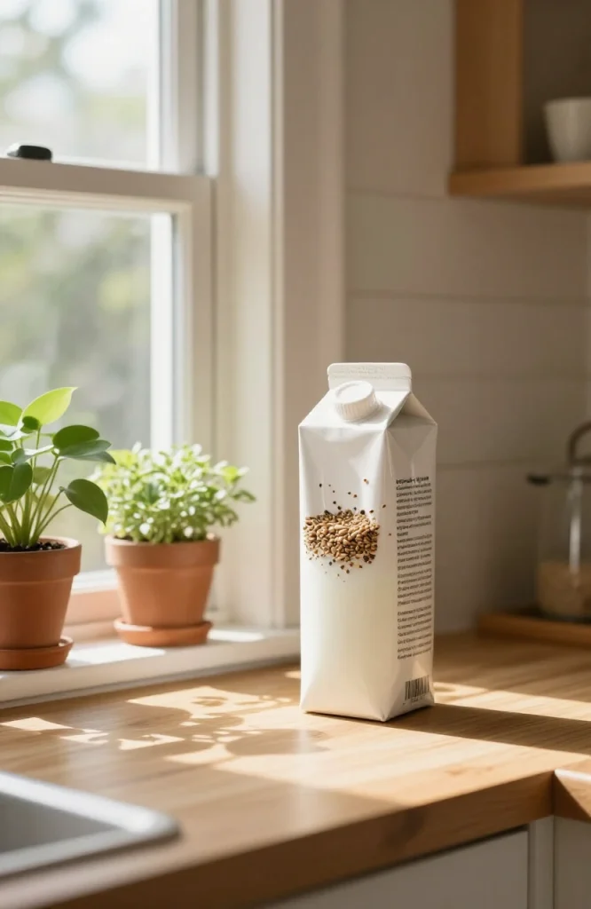 Handmade bird feeder constructed from repurposed milk carton with wooden dowels and birdseed