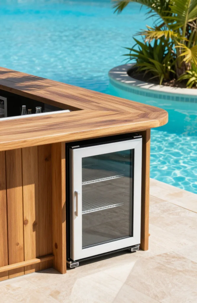 Custom poolside bar counter with integrated mini fridge for cold beverages and drinks storage