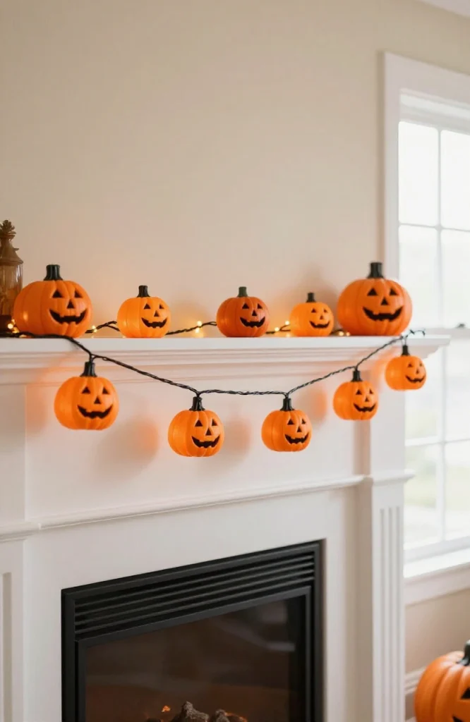 DIY mini jack-o'-lantern garland draped across fireplace mantel with orange pumpkins and carved faces