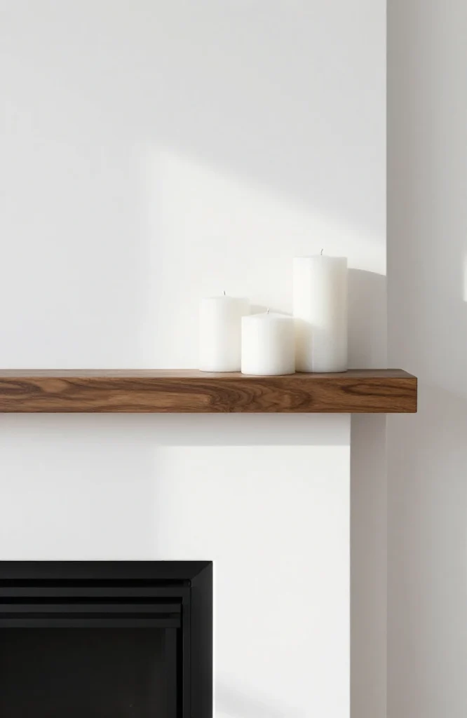 Fireplace mantel decorated with white pillar candles of varying heights arranged in simple minimalist style