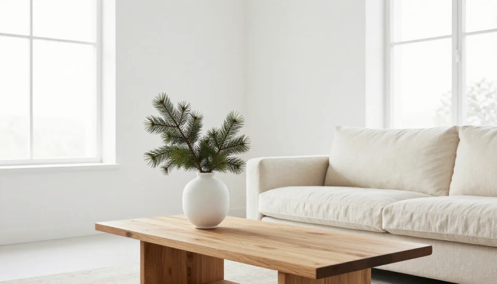 Modern minimalist Christmas decorations featuring white candles, natural wood elements, and simple greenery on neutral backgr