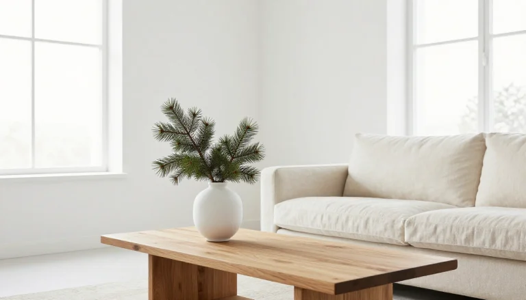 Modern minimalist Christmas decorations featuring white candles, natural wood elements, and simple greenery on neutral backgr