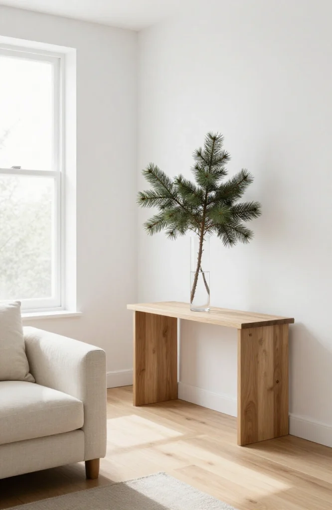 Simple white and natural wood Christmas decorations arranged on wooden shelves with minimal ornaments