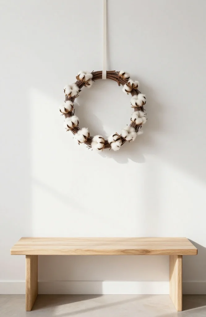 Handmade wreath crafted from white cotton stems arranged in a circular shape as minimalist Christmas decoration