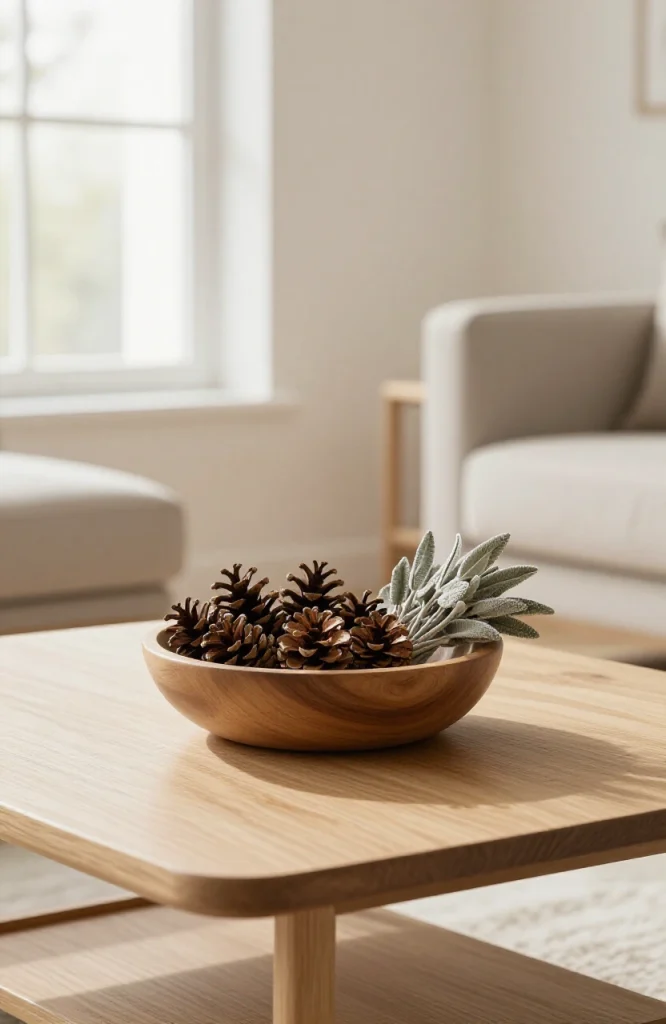 Natural pinecone cluster arranged in rustic wooden bowl as simple holiday decoration