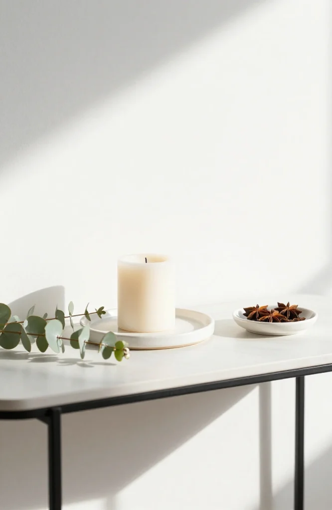 Simple Christmas decor featuring candles and natural botanicals arranged with minimal styling for scent-focused holiday ambia
