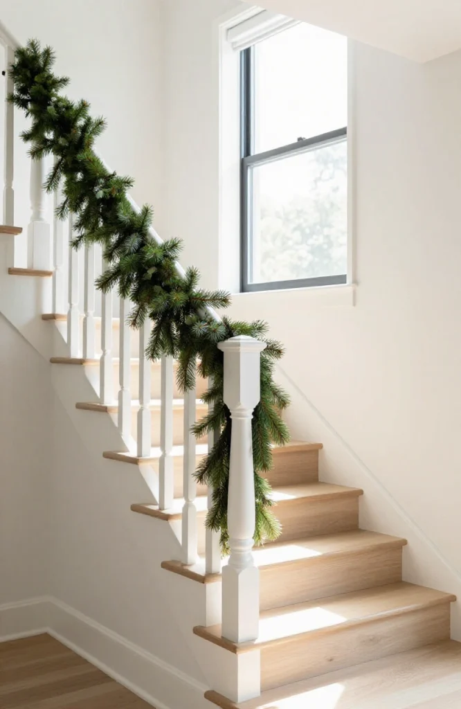 Staircase decorated with simple green garland wrapped around railings without ribbon or lights for minimal Christmas decor