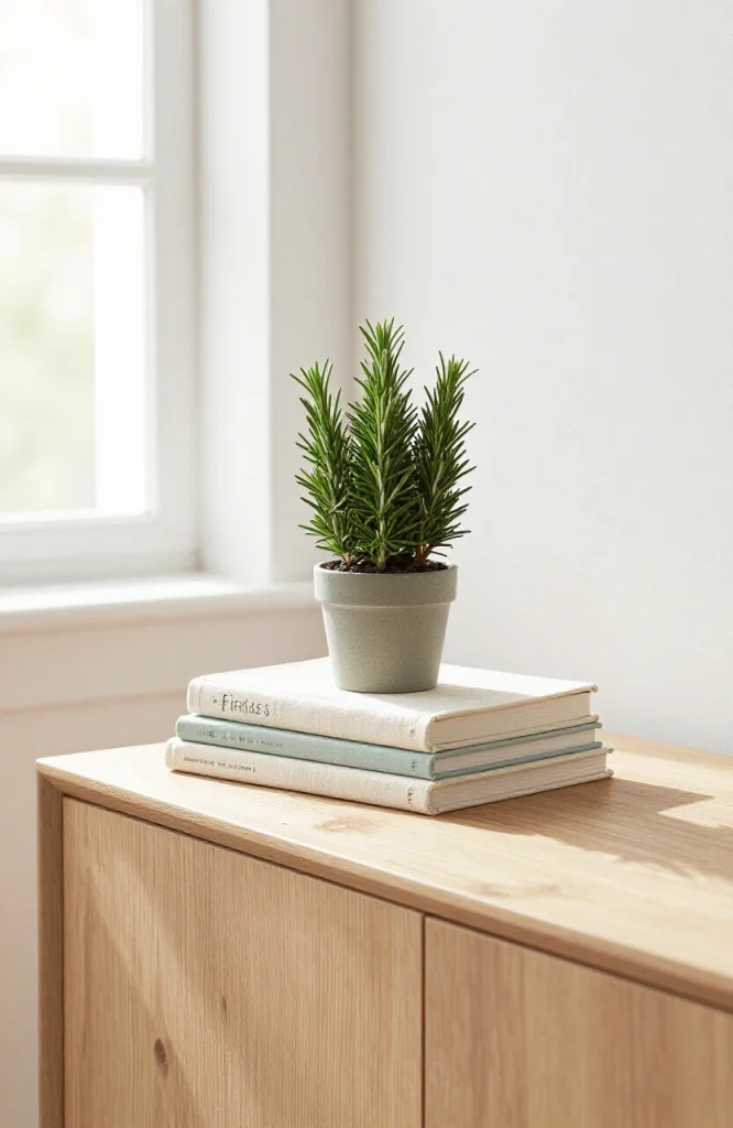 Small minimalist Christmas tree displayed on a stack of books as tabletop decoration