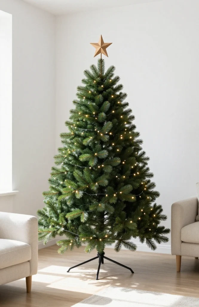 Sparse Christmas tree decorated with string lights and a simple wooden star topper against white background