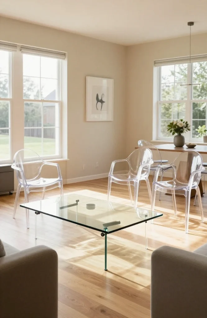 Modern living room with mirrored coffee table and glass side tables reflecting natural light in an open floor plan space