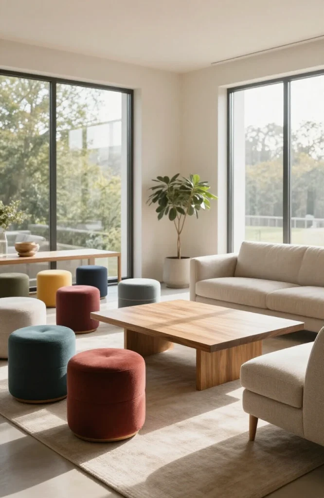 Living room with wooden stools and small chairs arranged around a central table, creating a flexible seating alternative to t