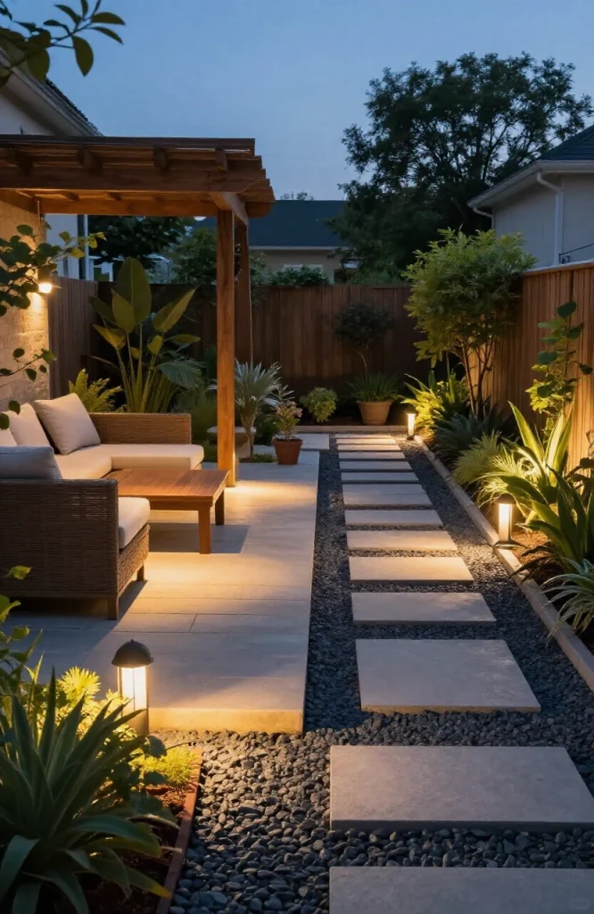 Garden pathway with mixed warm and cool white LED lights creating layered illumination and visual contrast in outdoor landsca