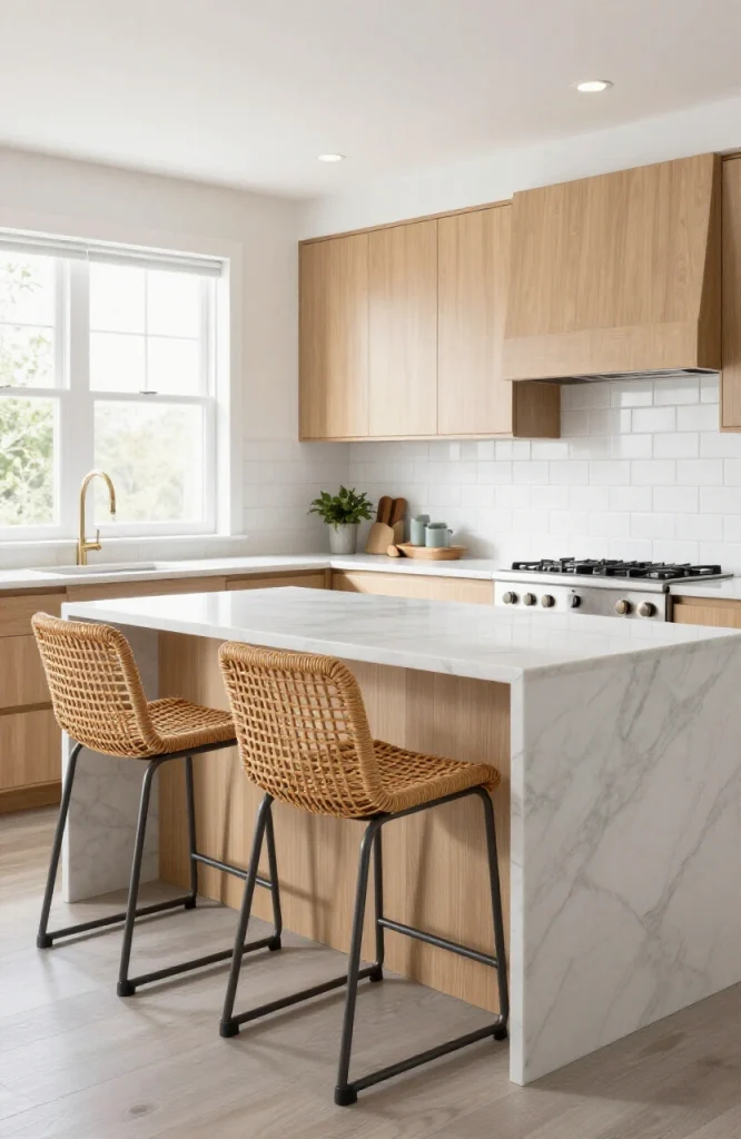 Contemporary kitchen bar stools with metal frames and upholstered seats positioned at a kitchen island counter