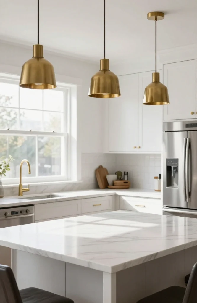 Contemporary pendant light fixtures installed above a kitchen island with white countertop and wooden base