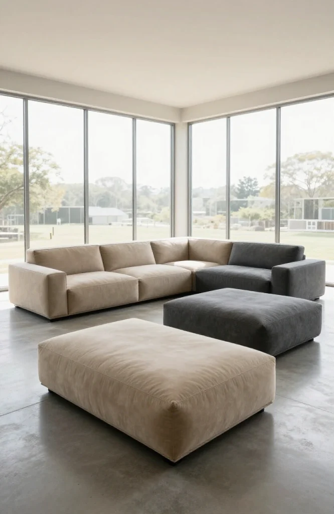 Modular seating pieces arranged in living room creating flexible flexible seating configuration without traditional sofa