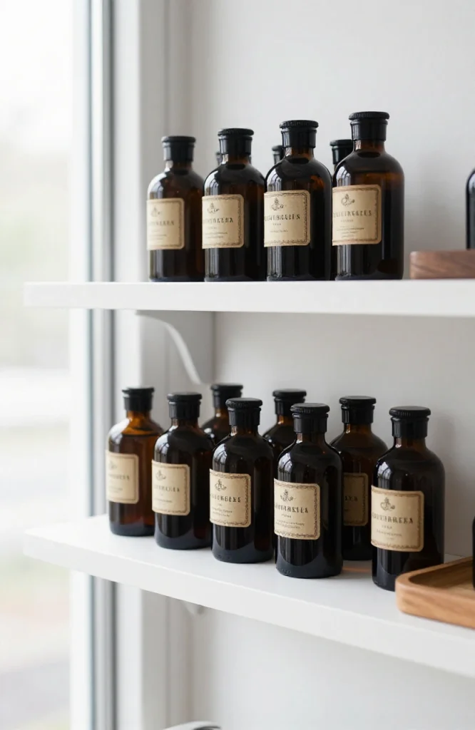 Black and white apothecary bottles arranged as minimalist Halloween decoration for home decor