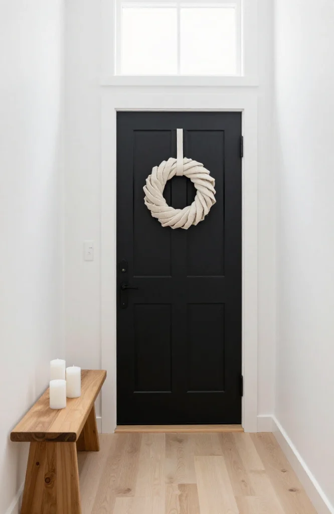 Minimalist entryway decorated with monochrome Christmas elements including white and gray ornaments, simple garland, and neut