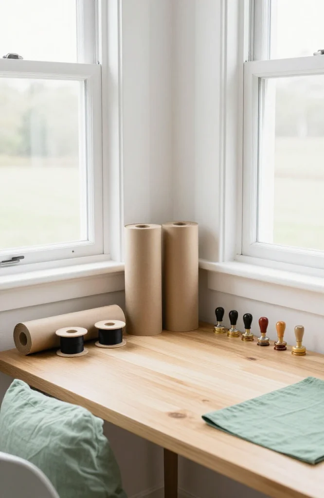 Organized gift wrapping station with white kraft paper rolls, black ribbon spools, and neutral wrapped packages on clean wood