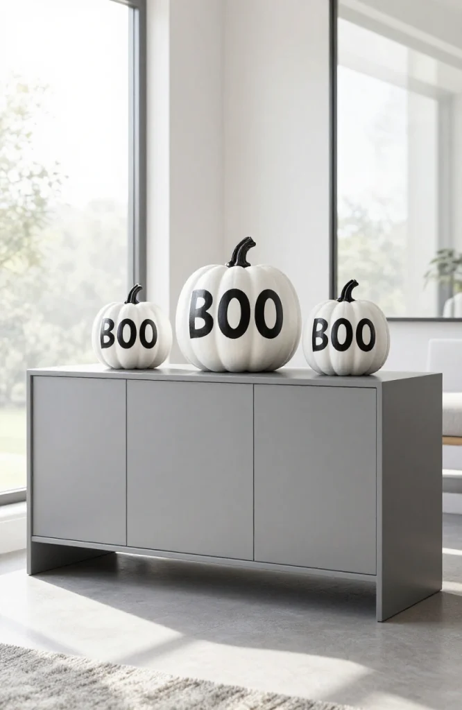Black and white painted pumpkins with stenciled text arranged as minimal Halloween decoration