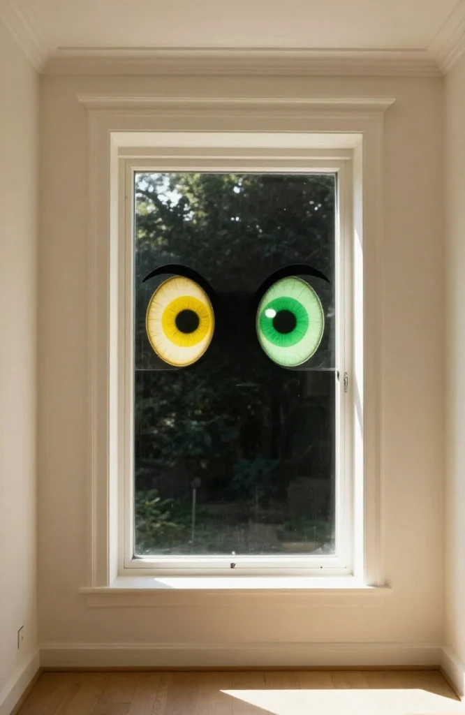 Glowing monster eyes peering out from a dark window pane, simple spooky Halloween decoration idea